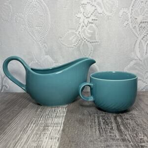 Mervyns Japan Gravy Boat Dish Teal Blue & Small Cup Mug Vintage
